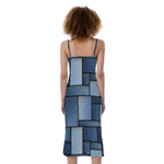 Patchwork Denim Jeans Pattern Print Slim Fit Midi Cami Dress