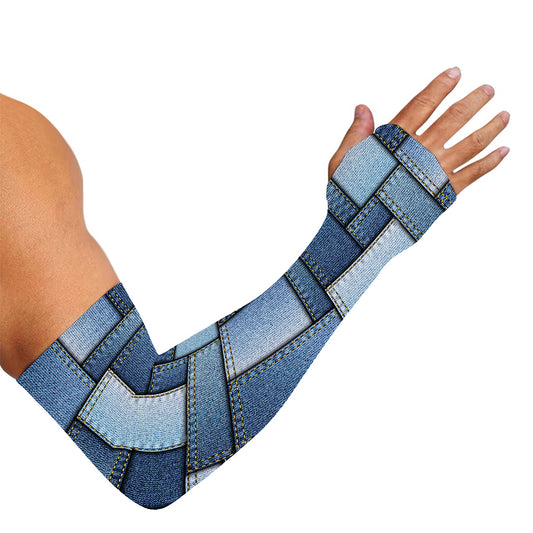 Patchwork Denim Jeans Pattern Print Sun Protection Arm Sleeves
