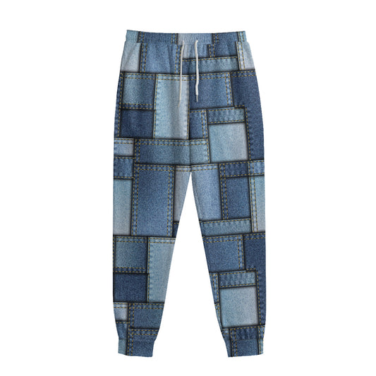 Patchwork Denim Jeans Pattern Print Sweatpants