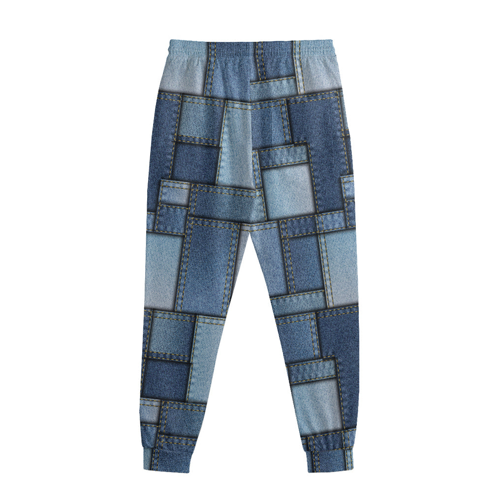 Patchwork Denim Jeans Pattern Print Sweatpants
