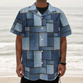 Patchwork Denim Jeans Pattern Print Textured Short Sleeve Shirt