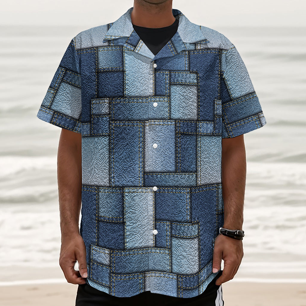 Patchwork Denim Jeans Pattern Print Textured Short Sleeve Shirt