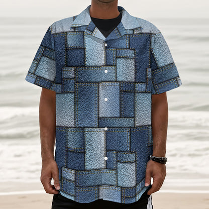 Patchwork Denim Jeans Pattern Print Textured Short Sleeve Shirt