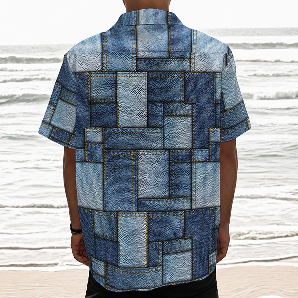 Patchwork Denim Jeans Pattern Print Textured Short Sleeve Shirt