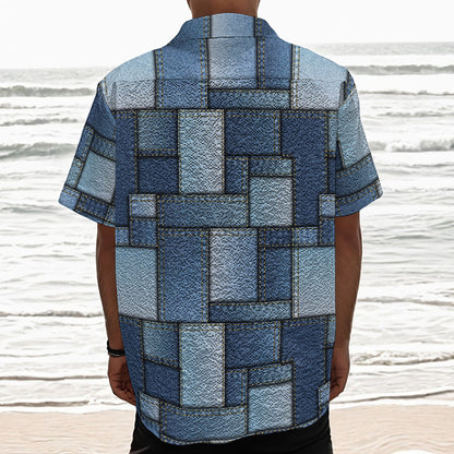 Patchwork Denim Jeans Pattern Print Textured Short Sleeve Shirt