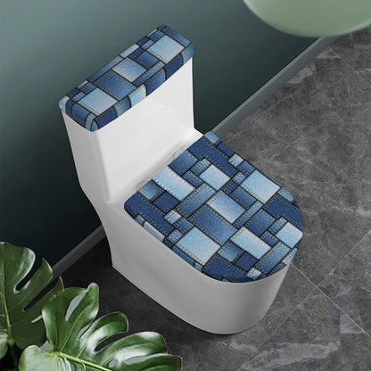 Patchwork Denim Jeans Pattern Print Toilet Lid And Tank Cover Set