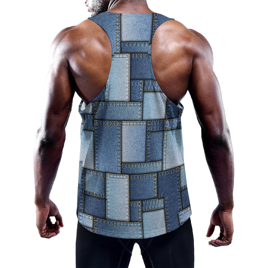 Patchwork Denim Jeans Pattern Print Training Tank Top