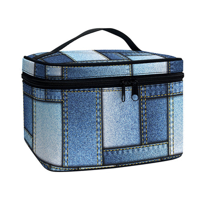 Patchwork Denim Jeans Pattern Print Travel Makeup Bag