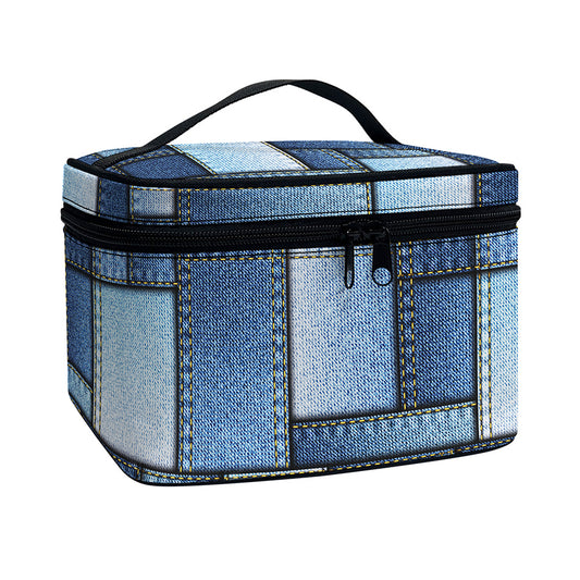 Patchwork Denim Jeans Pattern Print Travel Makeup Bag