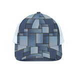 Patchwork Denim Jeans Pattern Print White Mesh Trucker Cap