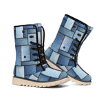 Patchwork Denim Jeans Pattern Print Winter Boots