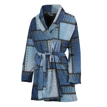 Patchwork Denim Jeans Pattern Print Women's Bathrobe