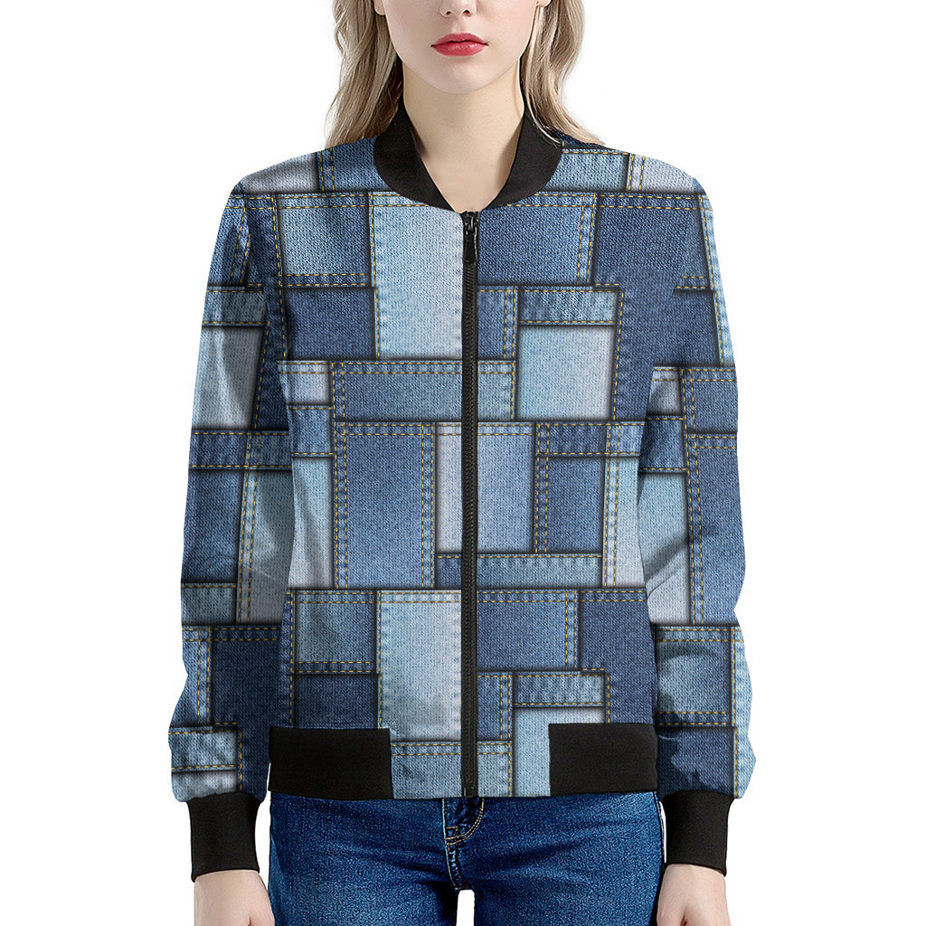 Patchwork Denim Jeans Pattern Print Women's Bomber Jacket