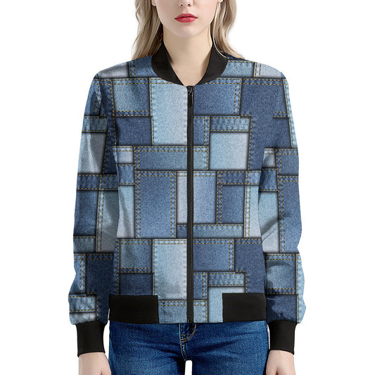 Patchwork Denim Jeans Pattern Print Women's Bomber Jacket