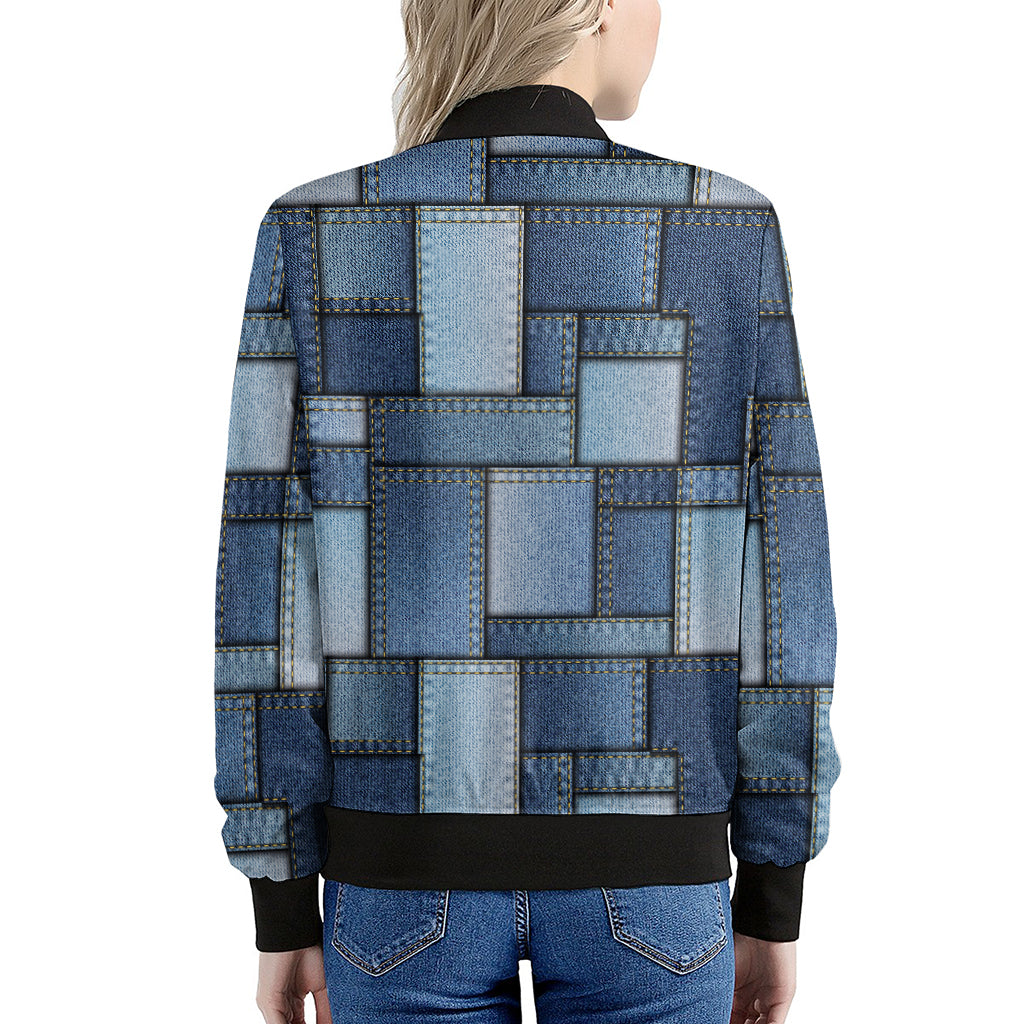 Patchwork Denim Jeans Pattern Print Women's Bomber Jacket
