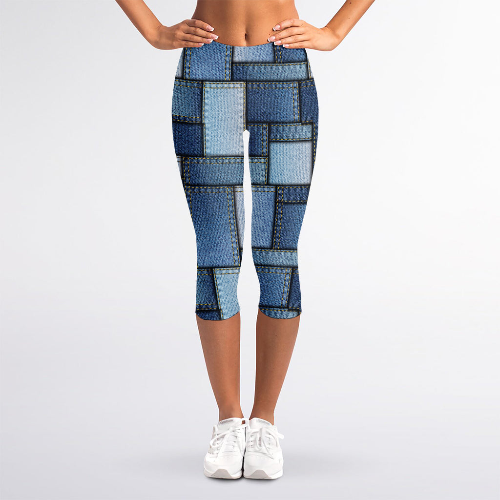 Patchwork Denim Jeans Pattern Print Women's Capri Leggings