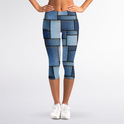 Patchwork Denim Jeans Pattern Print Women's Capri Leggings
