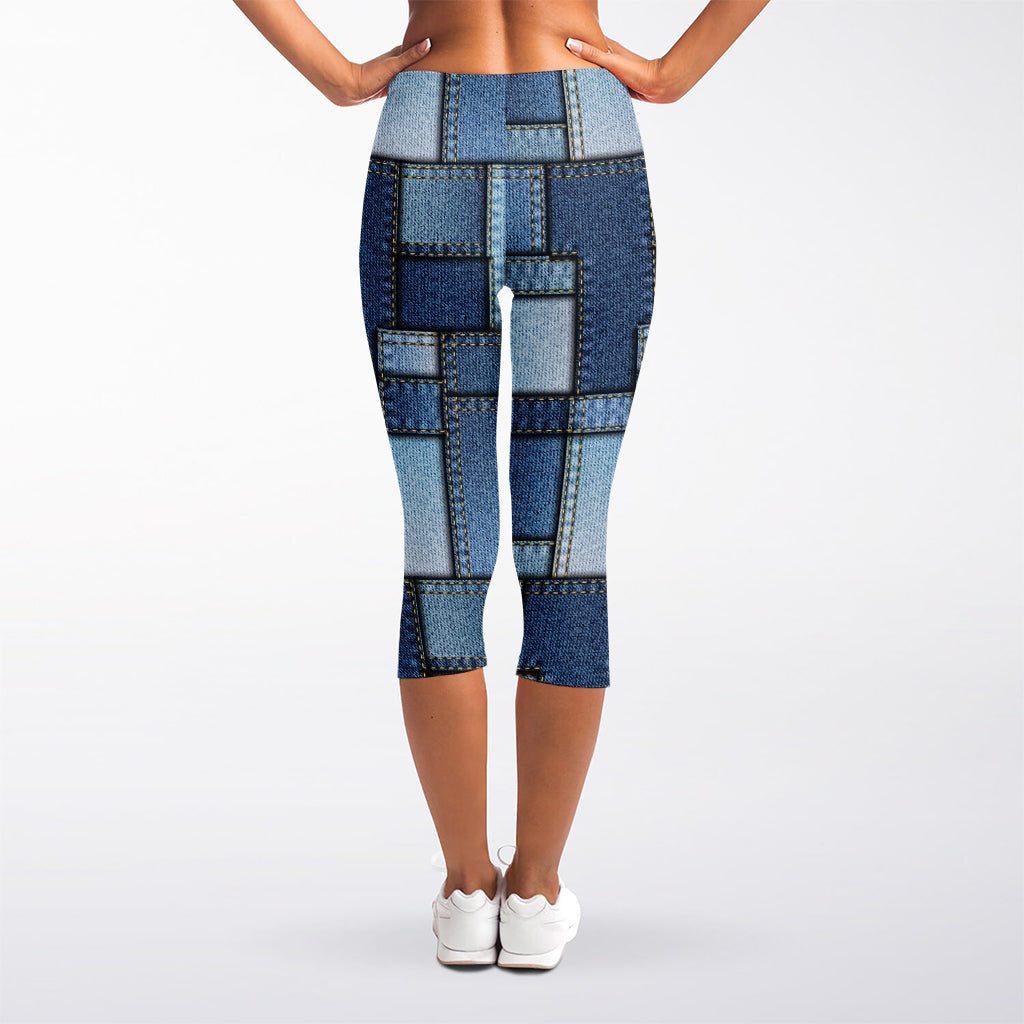 Patchwork Denim Jeans Pattern Print Women's Capri Leggings