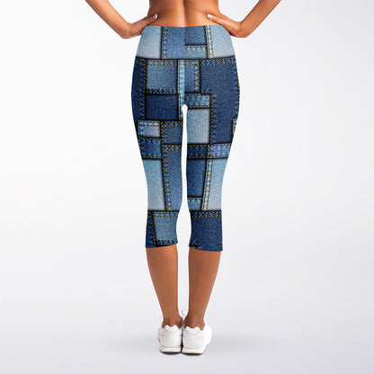 Patchwork Denim Jeans Pattern Print Women's Capri Leggings