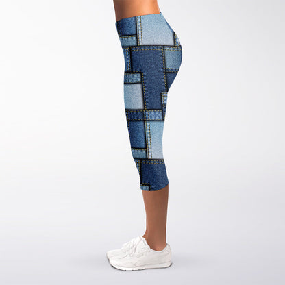 Patchwork Denim Jeans Pattern Print Women's Capri Leggings
