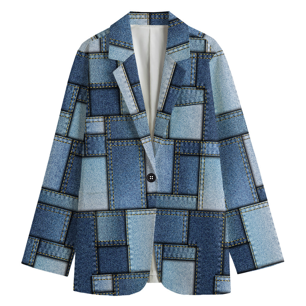 Patchwork Denim Jeans Pattern Print Women's Cotton Blazer