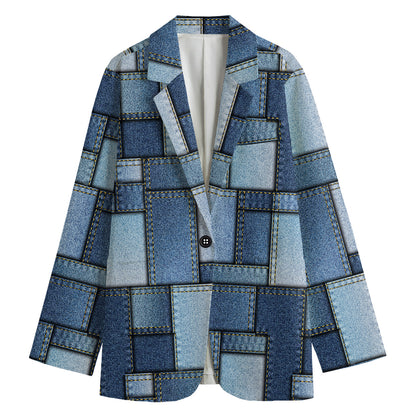 Patchwork Denim Jeans Pattern Print Women's Cotton Blazer
