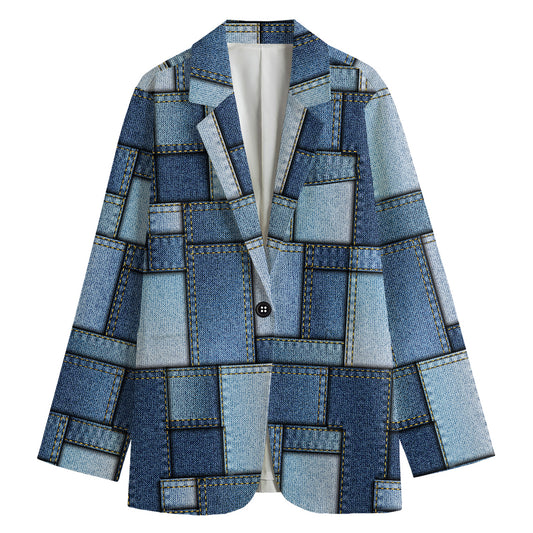 Patchwork Denim Jeans Pattern Print Women's Cotton Blazer