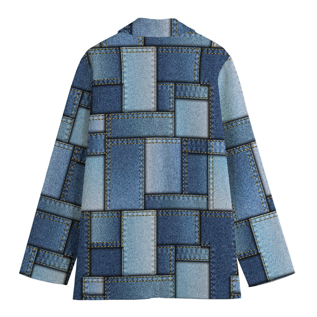 Patchwork Denim Jeans Pattern Print Women's Cotton Blazer