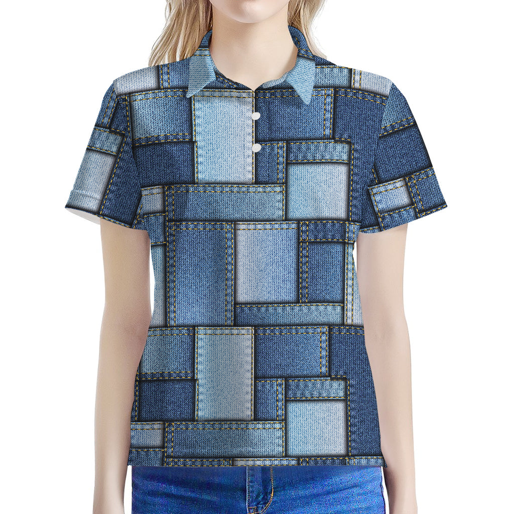 Patchwork Denim Jeans Pattern Print Women's Polo Shirt