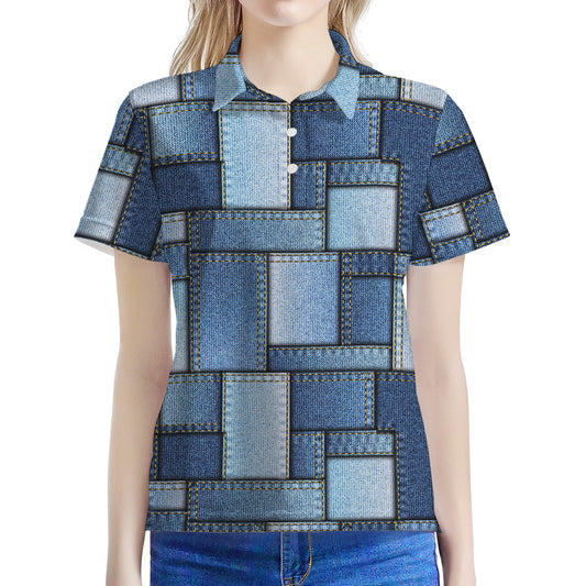 Patchwork Denim Jeans Pattern Print Women's Polo Shirt