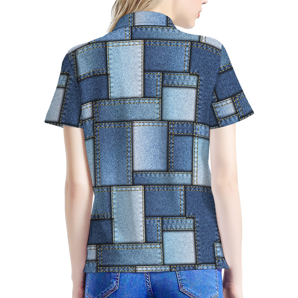 Patchwork Denim Jeans Pattern Print Women's Polo Shirt