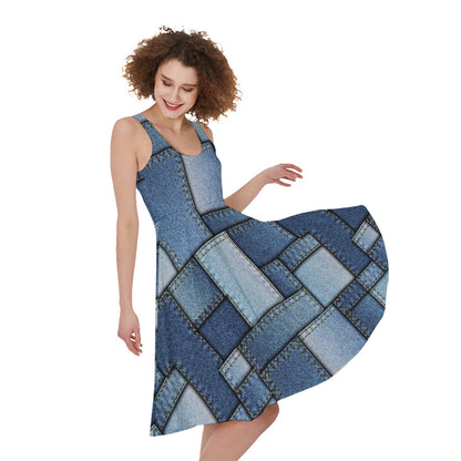 Patchwork Denim Jeans Pattern Print Women's Sleeveless Dress