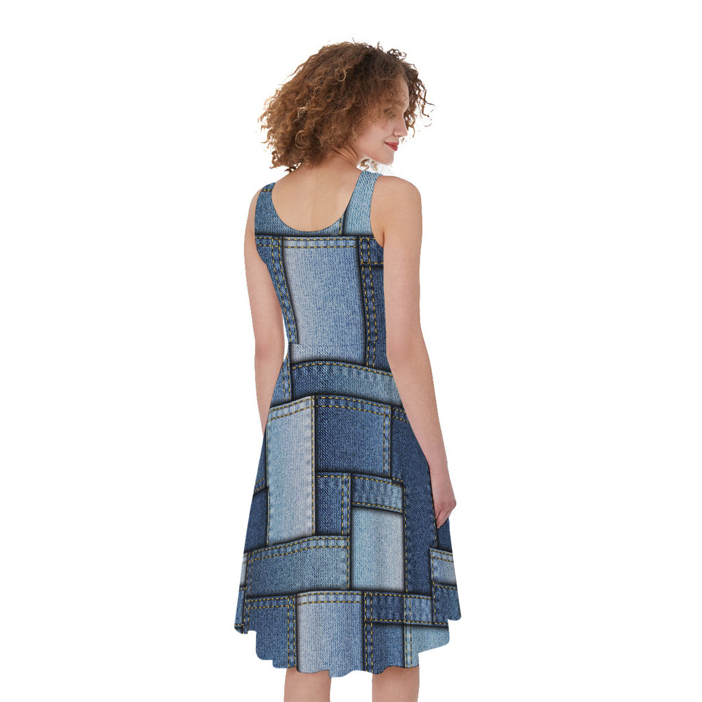 Patchwork Denim Jeans Pattern Print Women's Sleeveless Dress