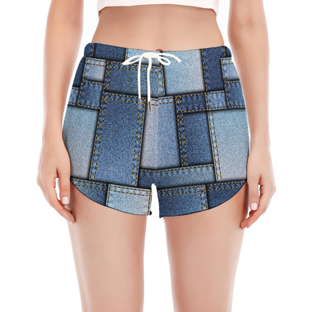 Patchwork Denim Jeans Pattern Print Women's Split Running Shorts