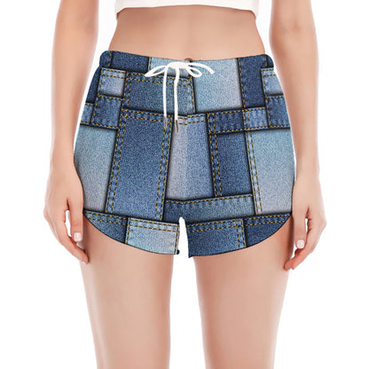 Patchwork Denim Jeans Pattern Print Women's Split Running Shorts