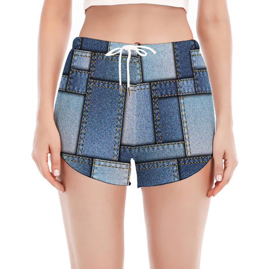 Patchwork Denim Jeans Pattern Print Women's Split Running Shorts