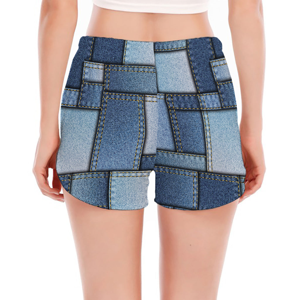 Patchwork Denim Jeans Pattern Print Women's Split Running Shorts