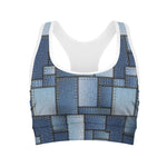 Patchwork Denim Jeans Pattern Print Women's Sports Bra