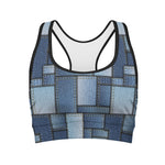 Patchwork Denim Jeans Pattern Print Women's Sports Bra