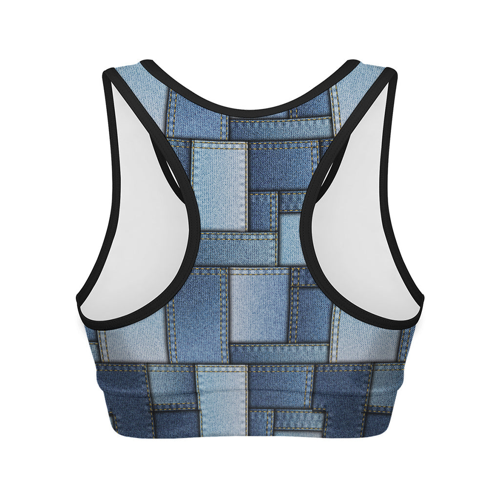 Patchwork Denim Jeans Pattern Print Women's Sports Bra