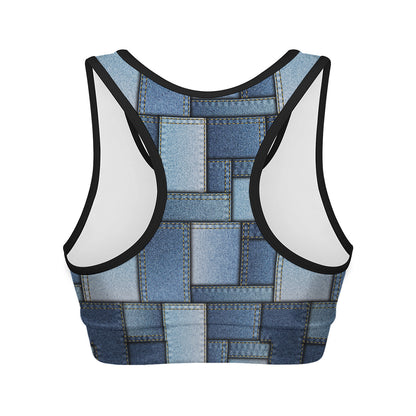 Patchwork Denim Jeans Pattern Print Women's Sports Bra