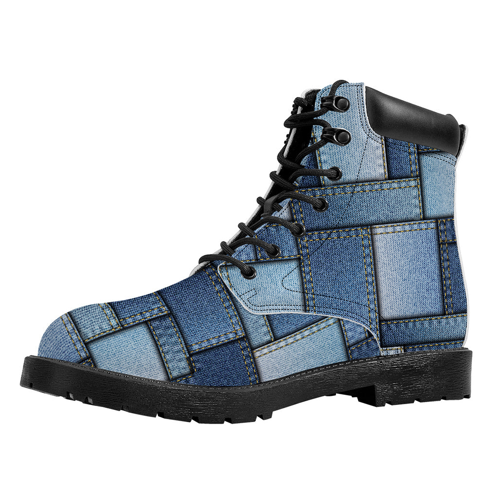 Patchwork Denim Jeans Pattern Print Work Boots