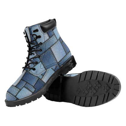 Patchwork Denim Jeans Pattern Print Work Boots