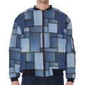 Patchwork Denim Jeans Pattern Print Zip Sleeve Bomber Jacket