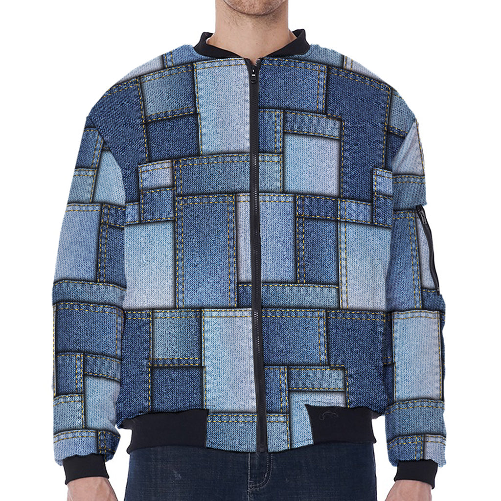 Patchwork Denim Jeans Pattern Print Zip Sleeve Bomber Jacket