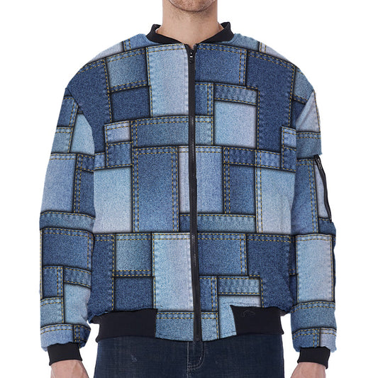 Patchwork Denim Jeans Pattern Print Zip Sleeve Bomber Jacket