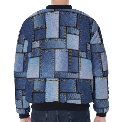 Patchwork Denim Jeans Pattern Print Zip Sleeve Bomber Jacket