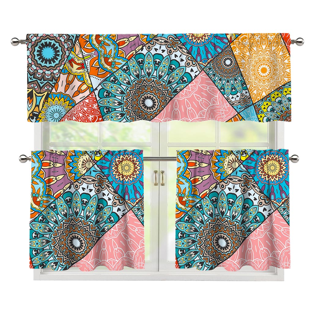 Patchwork Mandala Bohemian Pattern Print 3 Piece Kitchen Curtains