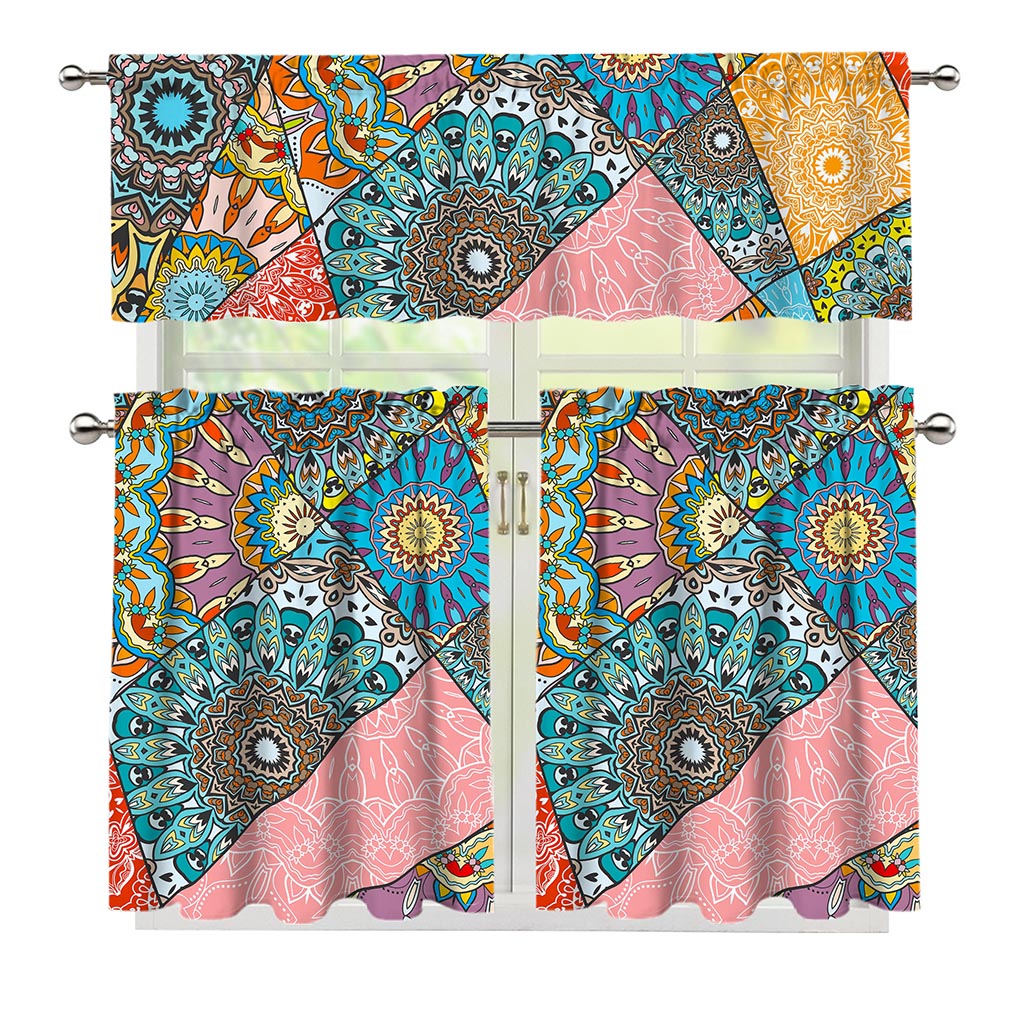 Patchwork Mandala Bohemian Pattern Print 3 Piece Kitchen Curtains