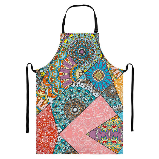 Patchwork Mandala Bohemian Pattern Print Bib Apron With Pocket